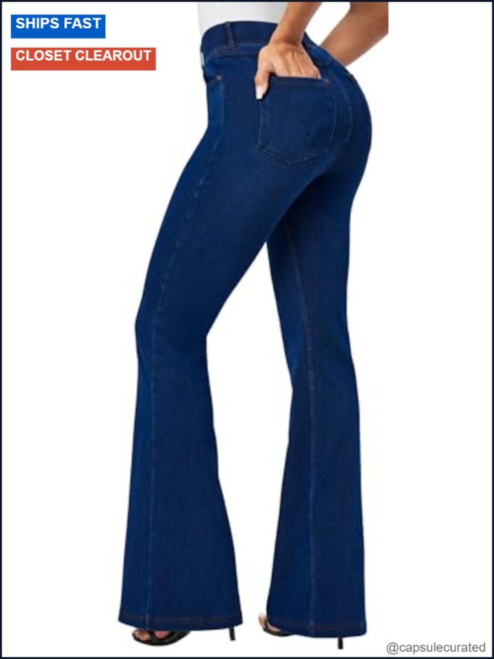 Stretchy Bell Bottom Jeans for Women Pull On Flare Jegging with Pockets High